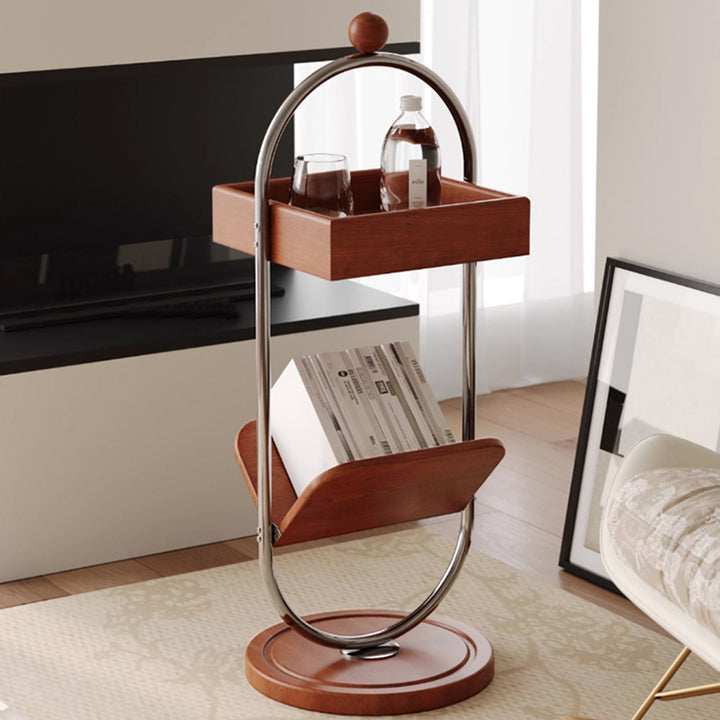 Table d'appoint contemporaine nordique ovale ronde en bois massif et acier inoxydable à 2 niveaux pour salon 