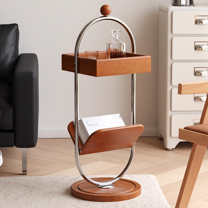 Contemporary Nordic Oval Round Solid Wood Stainless Steel Side Table 2-Tier For Living Room