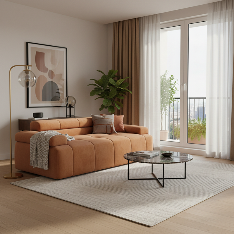 Contemporary Scandinavian High-Resilience Foam Velvet Compressed Sofa - Rectangular Modular Low-Profile Sofa For Living Room