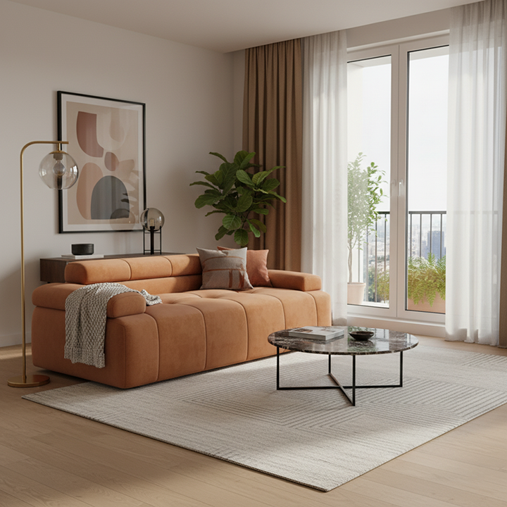 Contemporary Scandinavian High-Resilience Foam Velvet Compressed Sofa - Rectangular Modular Low-Profile Sofa For Living Room
