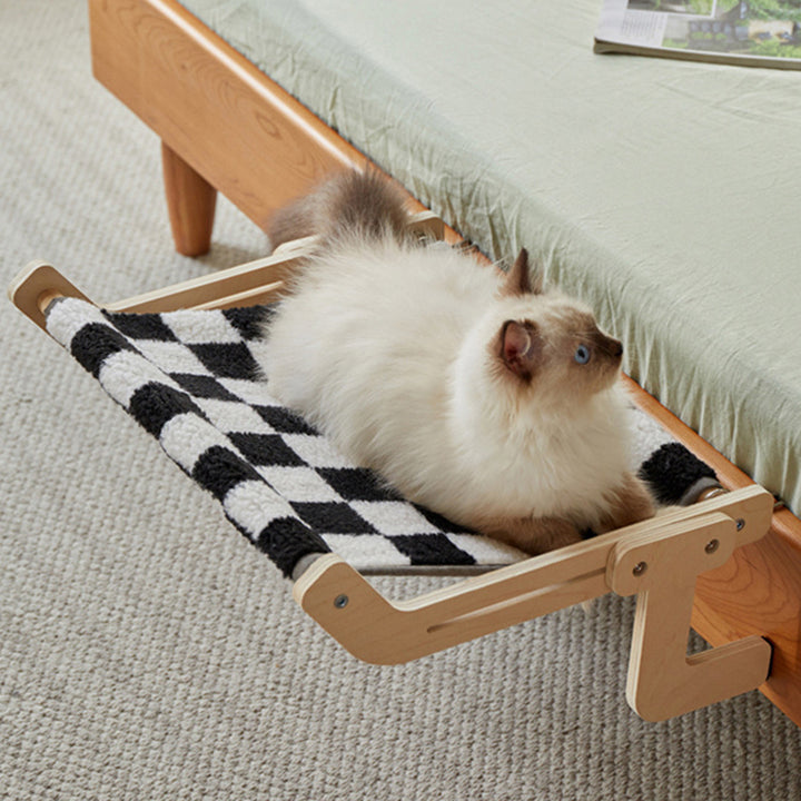 Lit pour chat suspendu rectangulaire minimaliste moderne à plusieurs couches en contreplaqué, coton, lin et acier inoxydable, à 2 pieds, pour chambre à coucher 