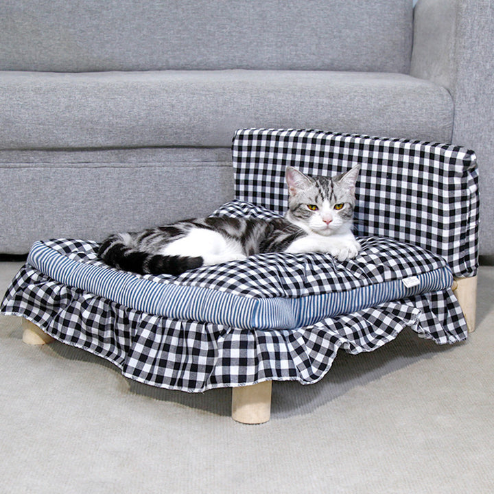 Lit pour chat rectangulaire minimaliste moderne en bois de pin, hêtre, coton, lin et tissu Oxford à 4 pieds pour chambre 