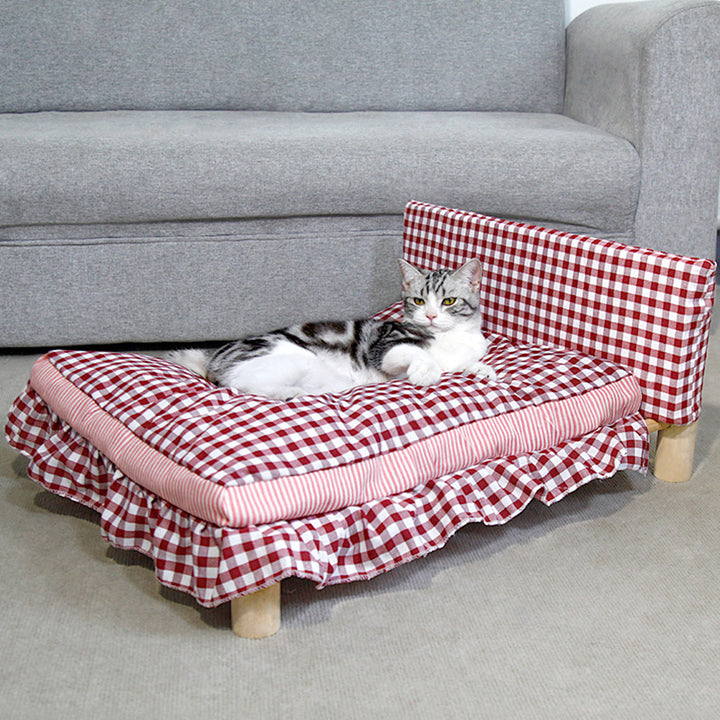 Lit pour chat rectangulaire minimaliste moderne en bois de pin, hêtre, coton, lin et tissu Oxford à 4 pieds pour chambre 