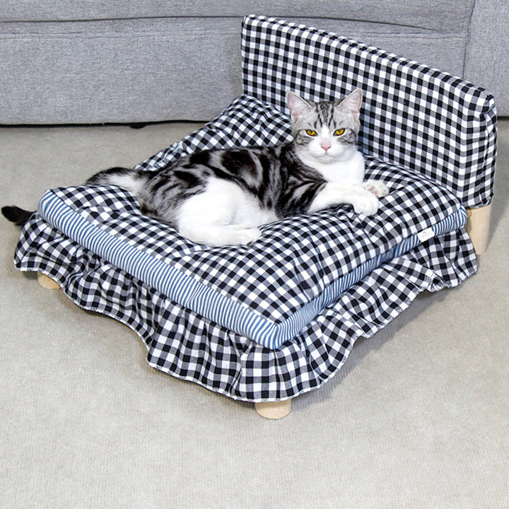 Lit pour chat rectangulaire minimaliste moderne en bois de pin, hêtre, coton, lin et tissu Oxford à 4 pieds pour chambre 