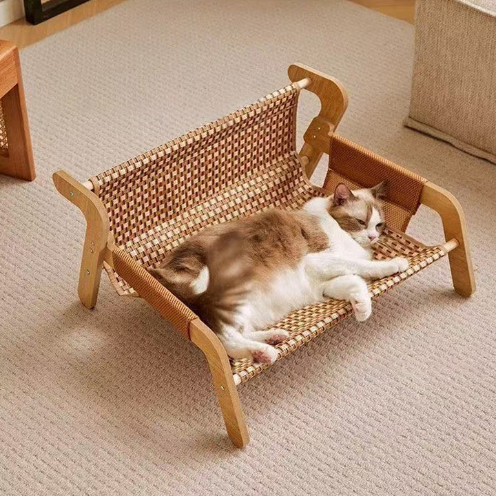 Lit pour chat rectangulaire moderne minimaliste en panneau de fibres à densité moyenne, bois massif et rotin, avec dossier et accoudoirs, pour chambre à coucher 