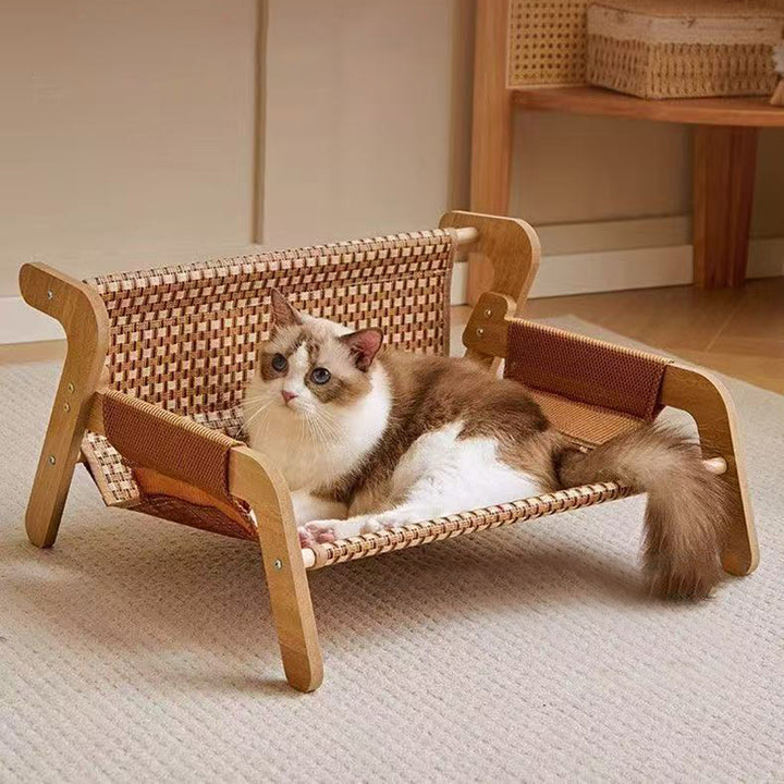 Lit pour chat rectangulaire moderne minimaliste en panneau de fibres à densité moyenne, bois massif et rotin, avec dossier et accoudoirs, pour chambre à coucher 