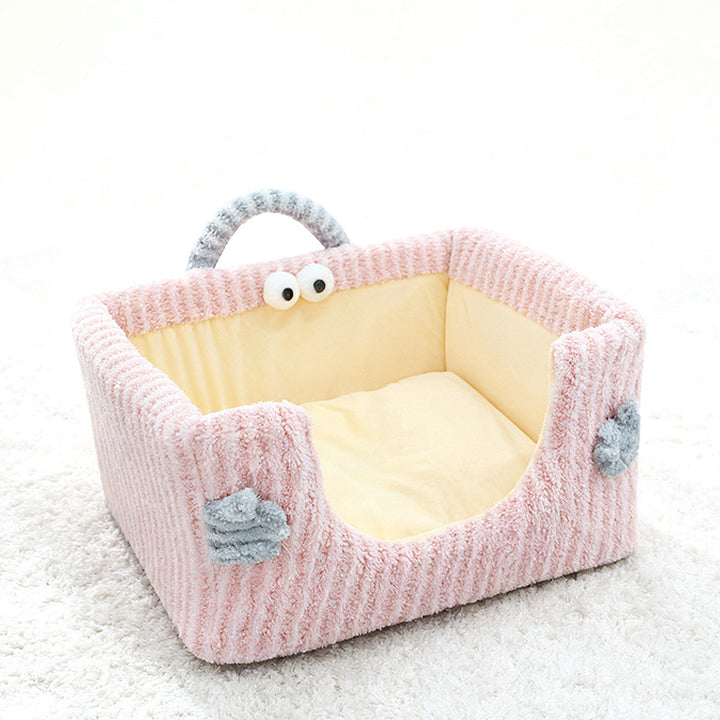 Cama para perro y gato contemporánea y creativa rectangular de tela de felpa ultra suave de terciopelo de cristal con tejido antideslizante con puntos y asa para dormitorio 