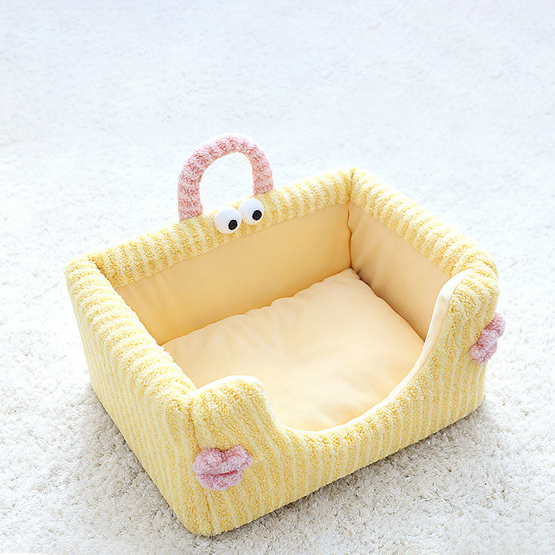 Cama para perro y gato contemporánea y creativa rectangular de tela de felpa ultra suave de terciopelo de cristal con tejido antideslizante con puntos y asa para dormitorio 