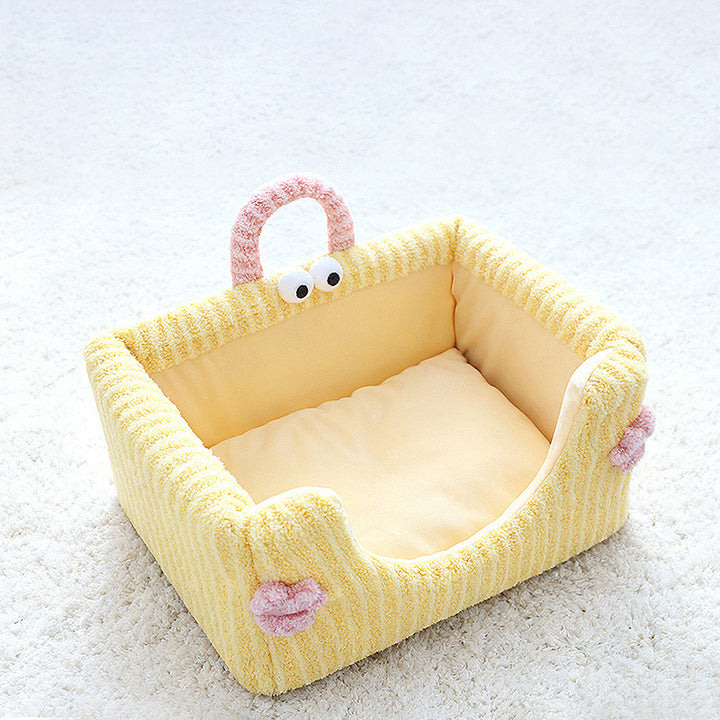 Cama para perro y gato contemporánea y creativa rectangular de tela de felpa ultra suave de terciopelo de cristal con tejido antideslizante con puntos y asa para dormitorio 