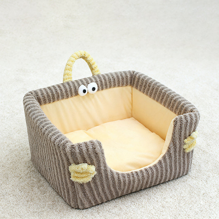 Cama para perro y gato contemporánea y creativa rectangular de tela de felpa ultra suave de terciopelo de cristal con tejido antideslizante con puntos y asa para dormitorio 