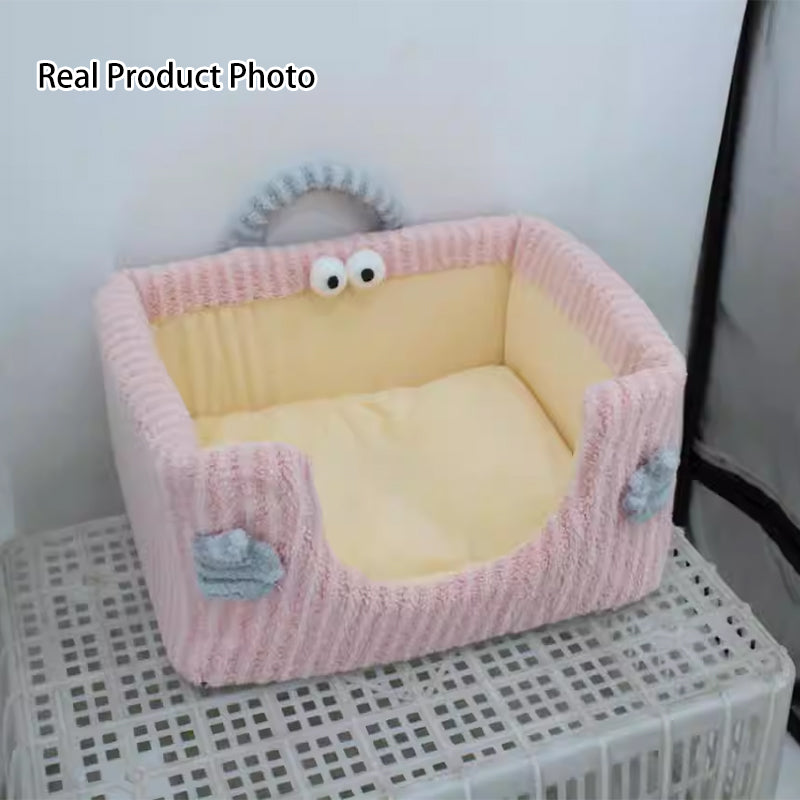 Cama para perro y gato contemporánea y creativa rectangular de tela de felpa ultra suave de terciopelo de cristal con tejido antideslizante con puntos y asa para dormitorio 