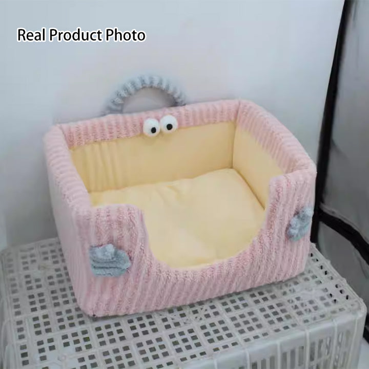 Cama para perro y gato contemporánea y creativa rectangular de tela de felpa ultra suave de terciopelo de cristal con tejido antideslizante con puntos y asa para dormitorio 