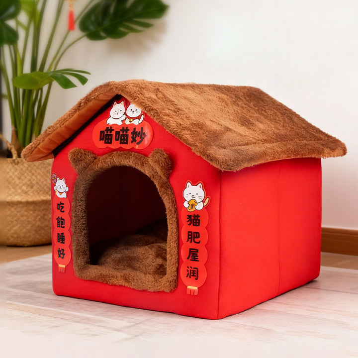 Zeitgenössisches kreatives rechteckiges Katzenhaus mit Katzenohren aus arktischem Fleece, rutschfestem gepunktetem Stoff für das Schlafzimmer 