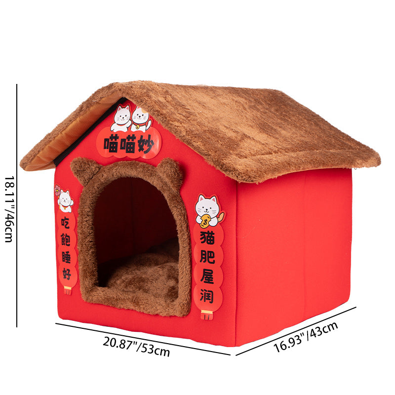 Zeitgenössisches kreatives rechteckiges Katzenhaus mit Katzenohren aus arktischem Fleece, rutschfestem gepunktetem Stoff für das Schlafzimmer 