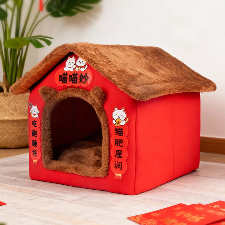 Zeitgenössisches kreatives rechteckiges Katzenhaus mit Katzenohren aus arktischem Fleece, rutschfestem gepunktetem Stoff für das Schlafzimmer 