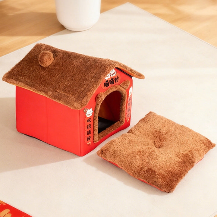 Zeitgenössisches kreatives rechteckiges Katzenhaus mit Katzenohren aus arktischem Fleece, rutschfestem gepunktetem Stoff für das Schlafzimmer 