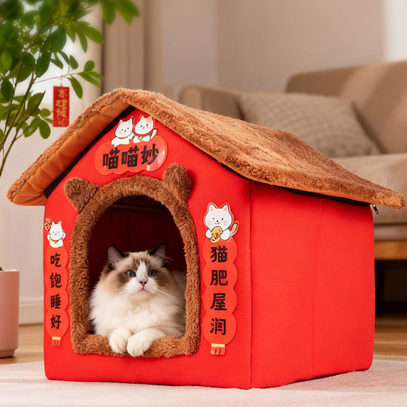 Zeitgenössisches kreatives rechteckiges Katzenhaus mit Katzenohren aus arktischem Fleece, rutschfestem gepunktetem Stoff für das Schlafzimmer 