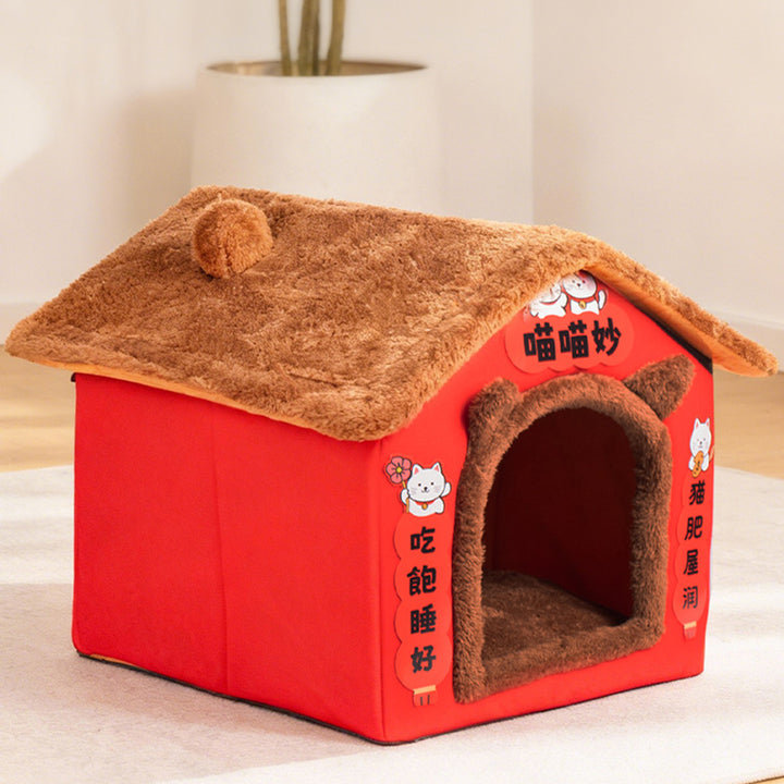 Zeitgenössisches kreatives rechteckiges Katzenhaus mit Katzenohren aus arktischem Fleece, rutschfestem gepunktetem Stoff für das Schlafzimmer 