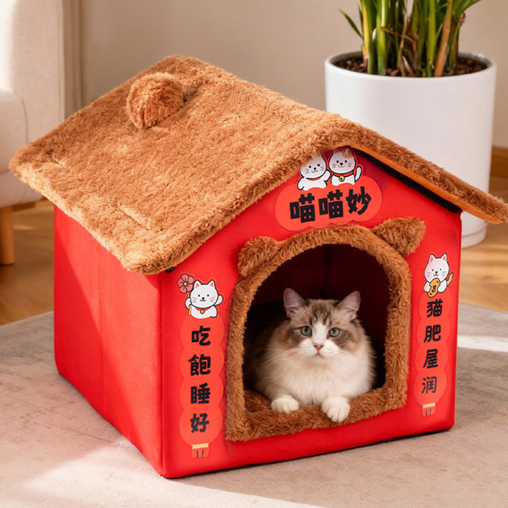 Zeitgenössisches kreatives rechteckiges Katzenhaus mit Katzenohren aus arktischem Fleece, rutschfestem gepunktetem Stoff für das Schlafzimmer 