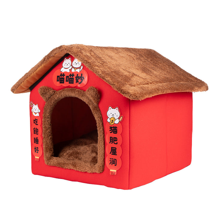 Zeitgenössisches kreatives rechteckiges Katzenhaus mit Katzenohren aus arktischem Fleece, rutschfestem gepunktetem Stoff für das Schlafzimmer 