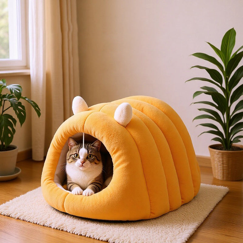 Modern Minimalist Cylindrical Caterpillar Design Velvet Anti-Slip Dotted Fabric Cat Bed Dog Bed With Toy Ball For Bedroom