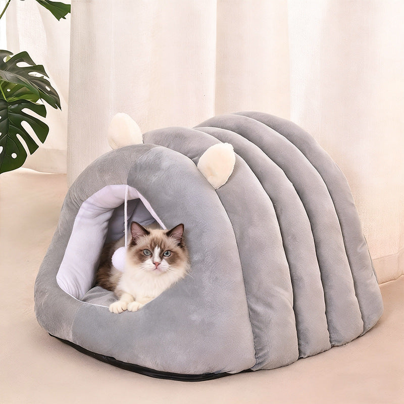 Modern Minimalist Cylindrical Caterpillar Design Velvet Anti-Slip Dotted Fabric Cat Bed Dog Bed With Toy Ball For Bedroom