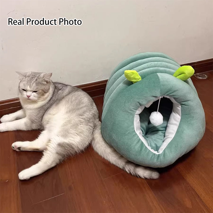 Modern Minimalist Cylindrical Caterpillar Design Velvet Anti-Slip Dotted Fabric Cat Bed Dog Bed With Toy Ball For Bedroom