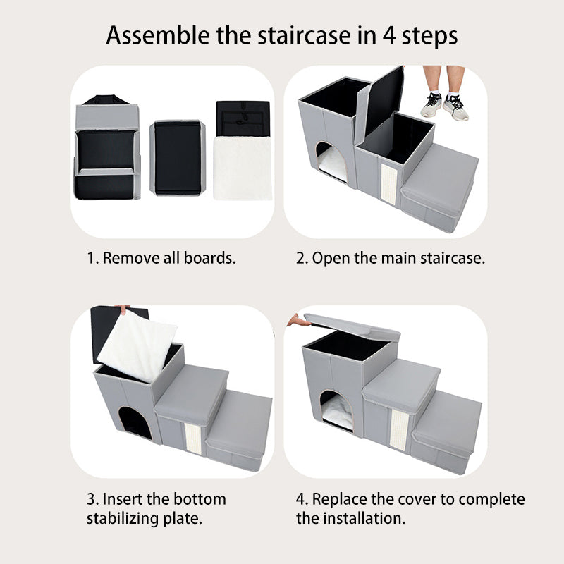 Modern Minimalist Rectangular Stair Steps Synthetic Fabric Medium Density Fiberboard Oxford Fabric Cat Bed Dog Bed 2-Storage For Bedroom