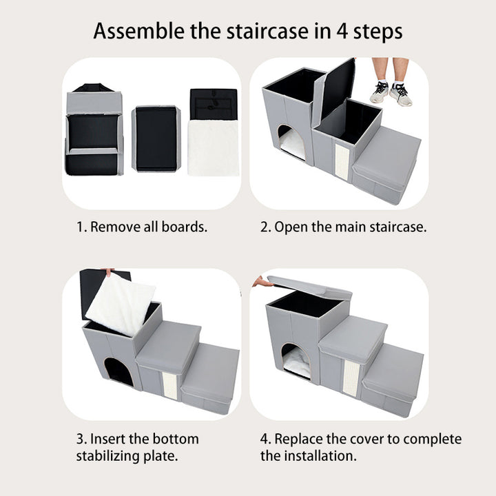 Modern Minimalist Rectangular Stair Steps Synthetic Fabric Medium Density Fiberboard Oxford Fabric Cat Bed Dog Bed 2-Storage For Bedroom