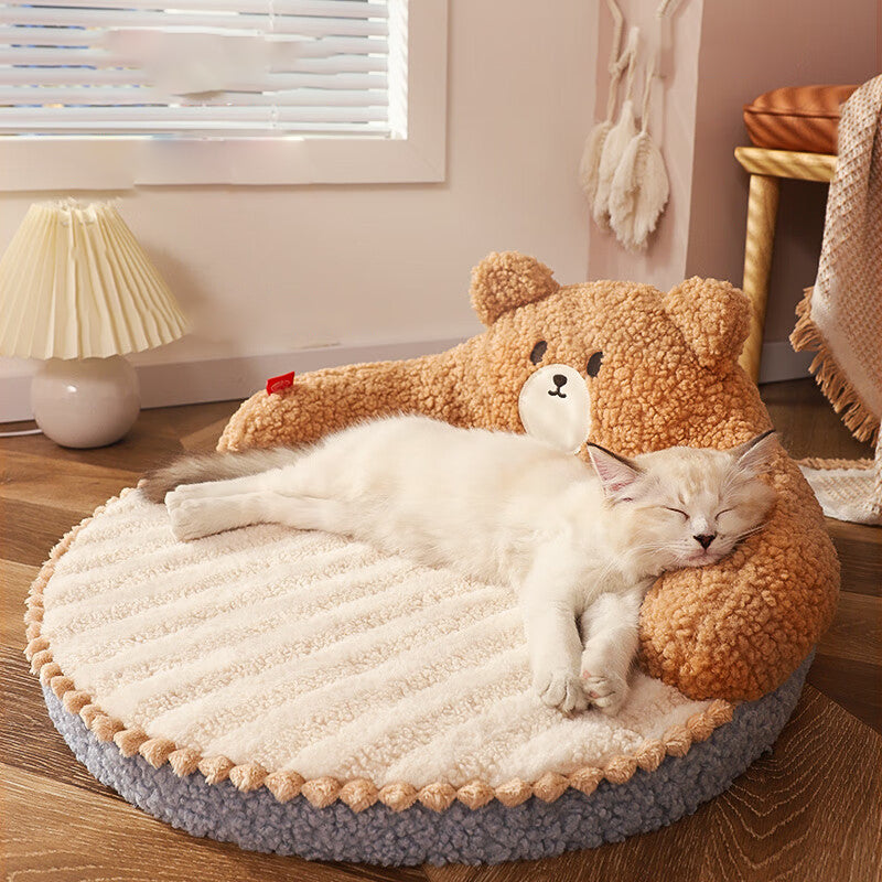 Diseño de oso redondo creativo contemporáneo de felpa de oso de peluche antideslizante con puntos de tela Oxford cama de gato para dormitorio 