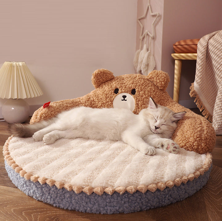 Diseño de oso redondo creativo contemporáneo de felpa de oso de peluche antideslizante con puntos de tela Oxford cama de gato para dormitorio 