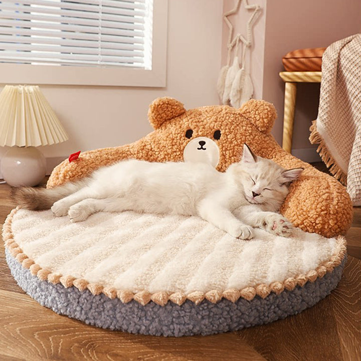 Diseño de oso redondo creativo contemporáneo de felpa de oso de peluche antideslizante con puntos de tela Oxford cama de gato para dormitorio 