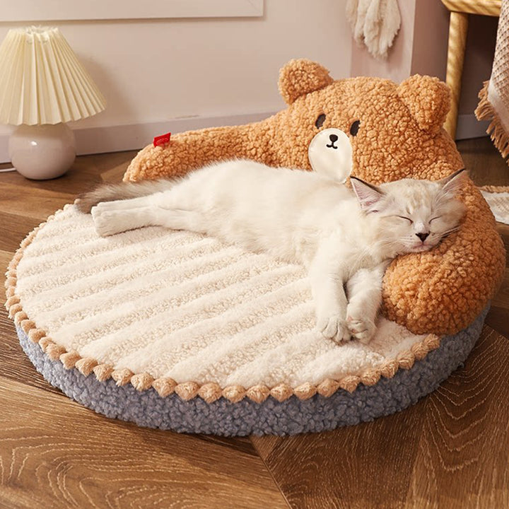 Diseño de oso redondo creativo contemporáneo de felpa de oso de peluche antideslizante con puntos de tela Oxford cama de gato para dormitorio 