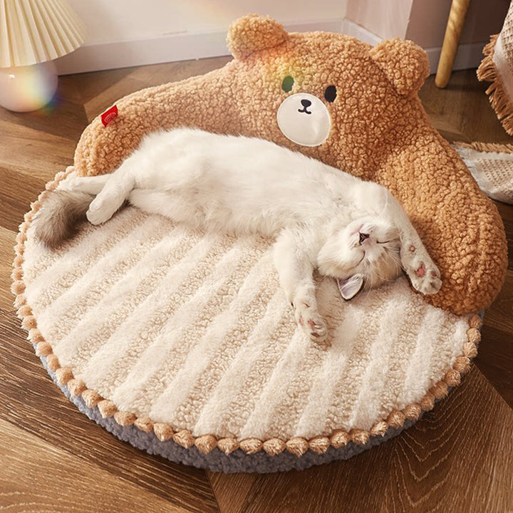 Diseño de oso redondo creativo contemporáneo de felpa de oso de peluche antideslizante con puntos de tela Oxford cama de gato para dormitorio 