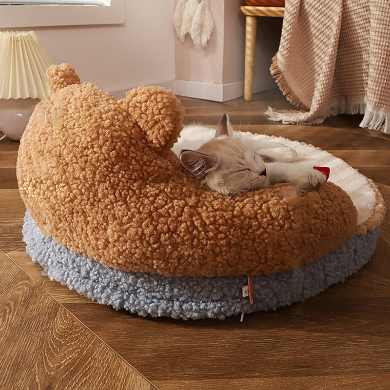 Diseño de oso redondo creativo contemporáneo de felpa de oso de peluche antideslizante con puntos de tela Oxford cama de gato para dormitorio 