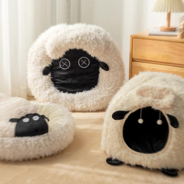 Zeitgenössisches kreatives rundes Lamm-Design Plüsch Anti-Rutsch gepunktetes Stoff-Katzenbett mit Spielzeugball für das Schlafzimmer 