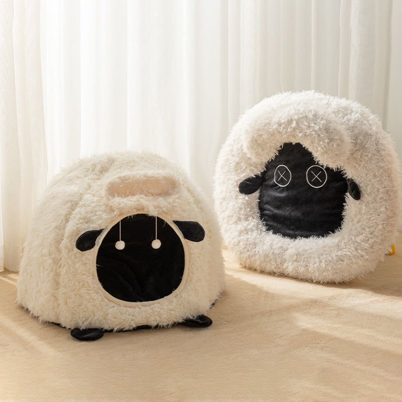 Zeitgenössisches kreatives rundes Lamm-Design Plüsch Anti-Rutsch gepunktetes Stoff-Katzenbett mit Spielzeugball für das Schlafzimmer 
