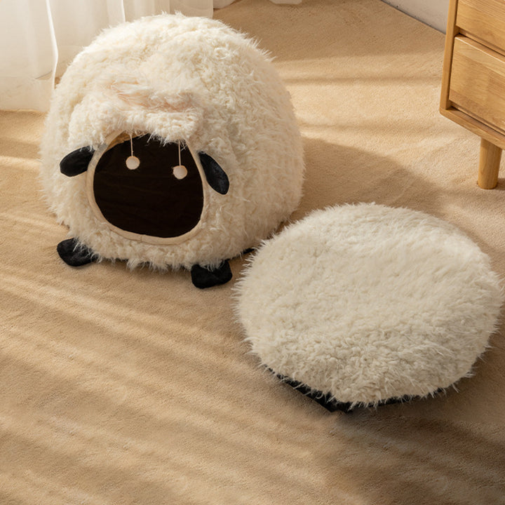 Zeitgenössisches kreatives rundes Lamm-Design Plüsch Anti-Rutsch gepunktetes Stoff-Katzenbett mit Spielzeugball für das Schlafzimmer 