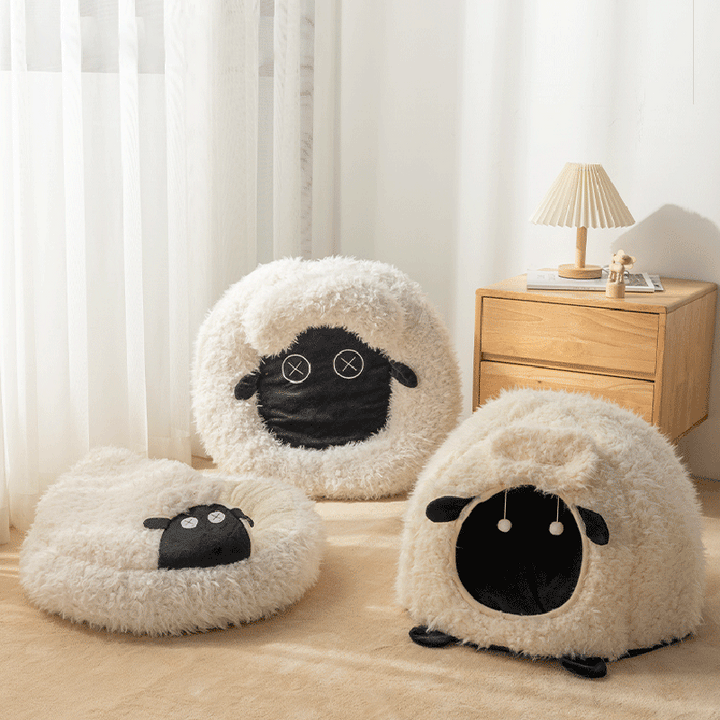 Lit pour chat moderne et créatif en forme d'agneau rond, en peluche, en tissu antidérapant à pois, avec balle jouet pour chambre à coucher 