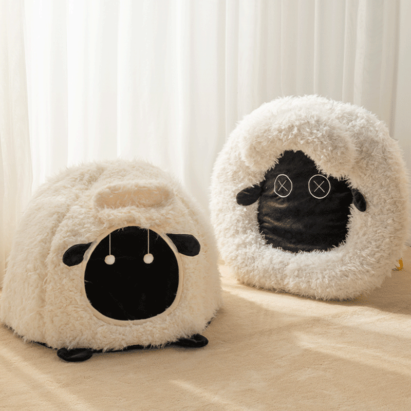 Zeitgenössisches kreatives rundes Lamm-Design Plüsch Anti-Rutsch gepunktetes Stoff-Katzenbett mit Spielzeugball für das Schlafzimmer 