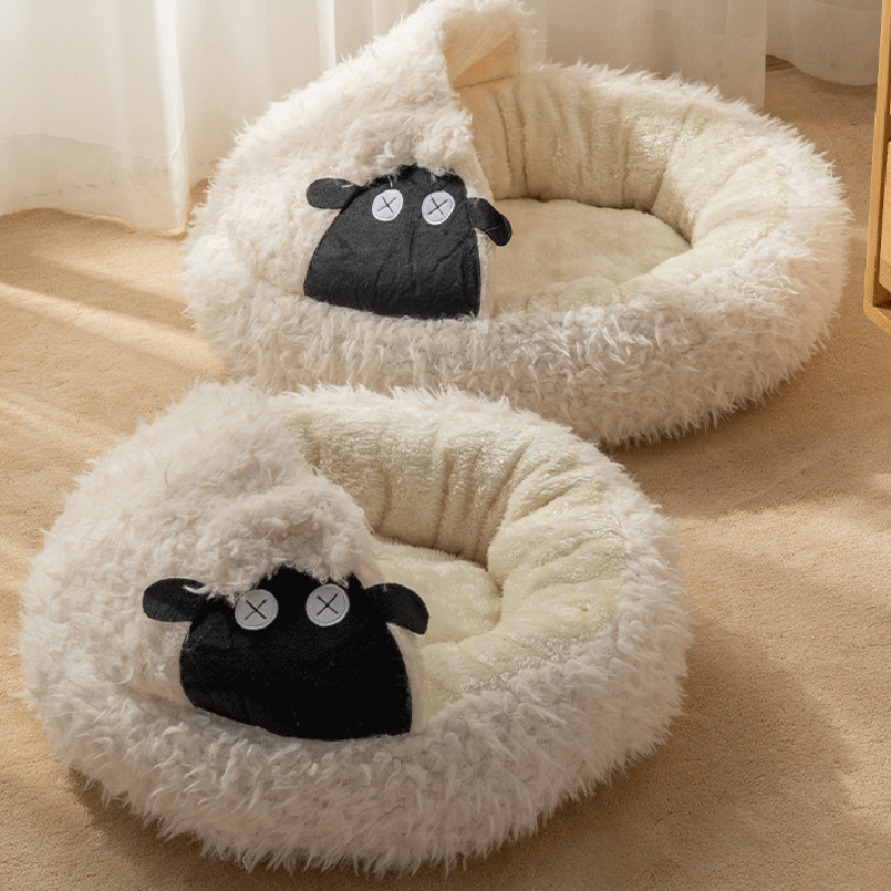 Zeitgenössisches kreatives rundes Lamm-Design Plüsch Anti-Rutsch gepunktetes Stoff-Katzenbett mit Spielzeugball für das Schlafzimmer 