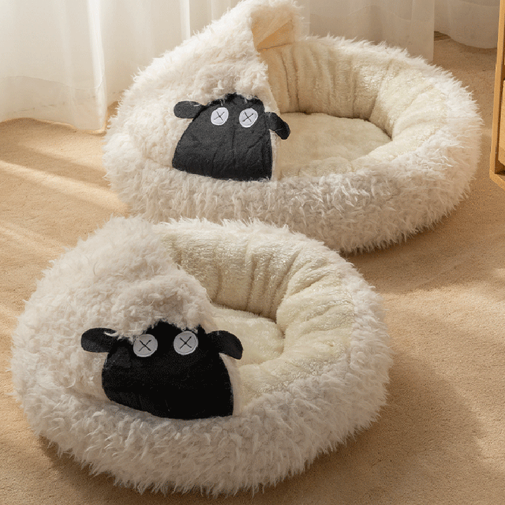 Zeitgenössisches kreatives rundes Lamm-Design Plüsch Anti-Rutsch gepunktetes Stoff-Katzenbett mit Spielzeugball für das Schlafzimmer 