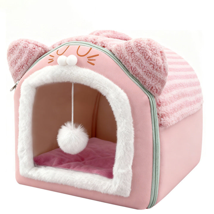 Design contemporain créatif à oreilles de chat incurvées, tissu velours antidérapant à pois, balle jouet pour lit de chat à main pour chambre à coucher 