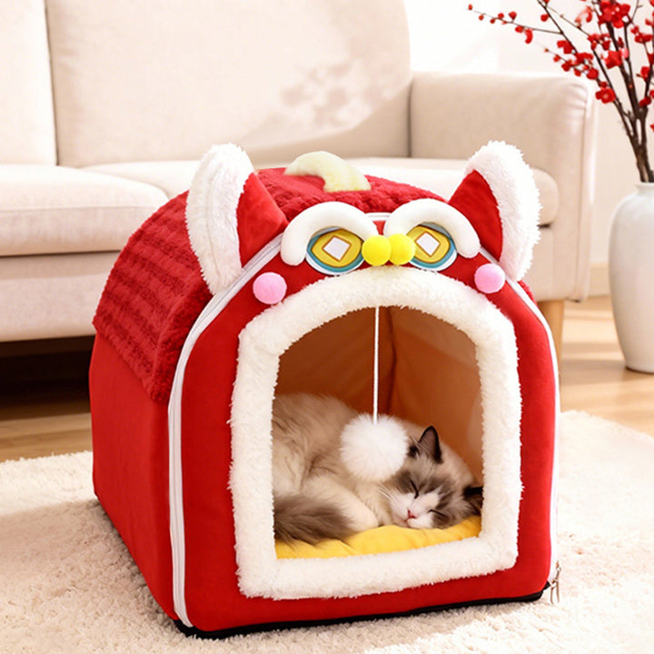 Design contemporain créatif à oreilles de chat incurvées, tissu velours antidérapant à pois, balle jouet pour lit de chat à main pour chambre à coucher 