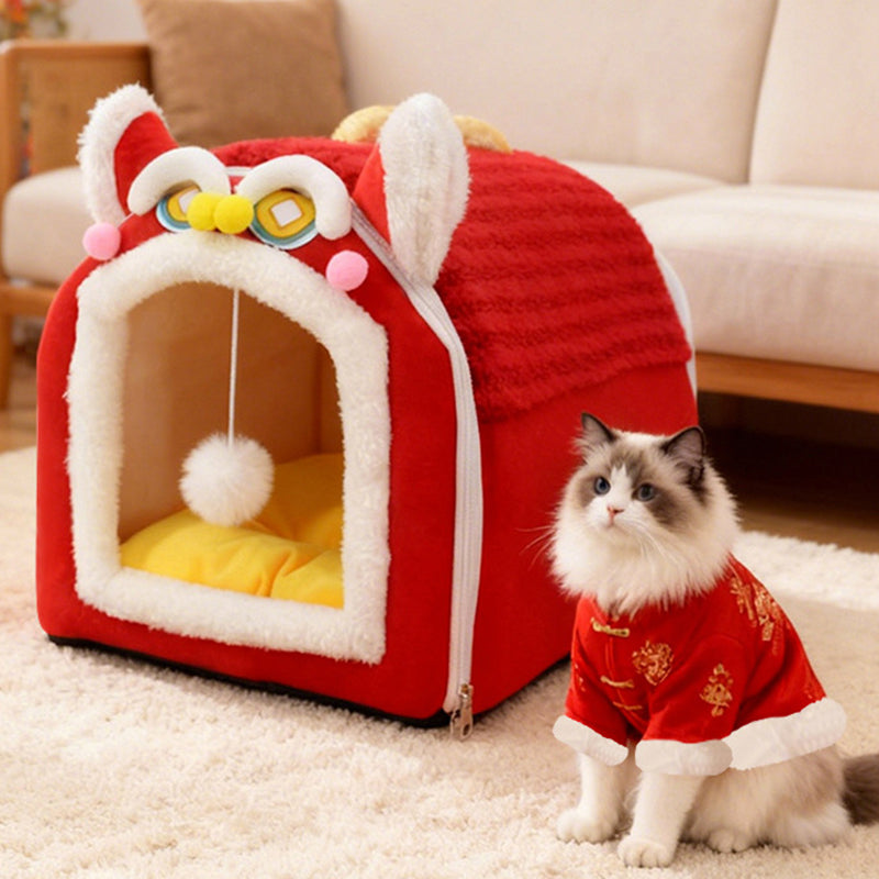 Design contemporain créatif à oreilles de chat incurvées, tissu velours antidérapant à pois, balle jouet pour lit de chat à main pour chambre à coucher 