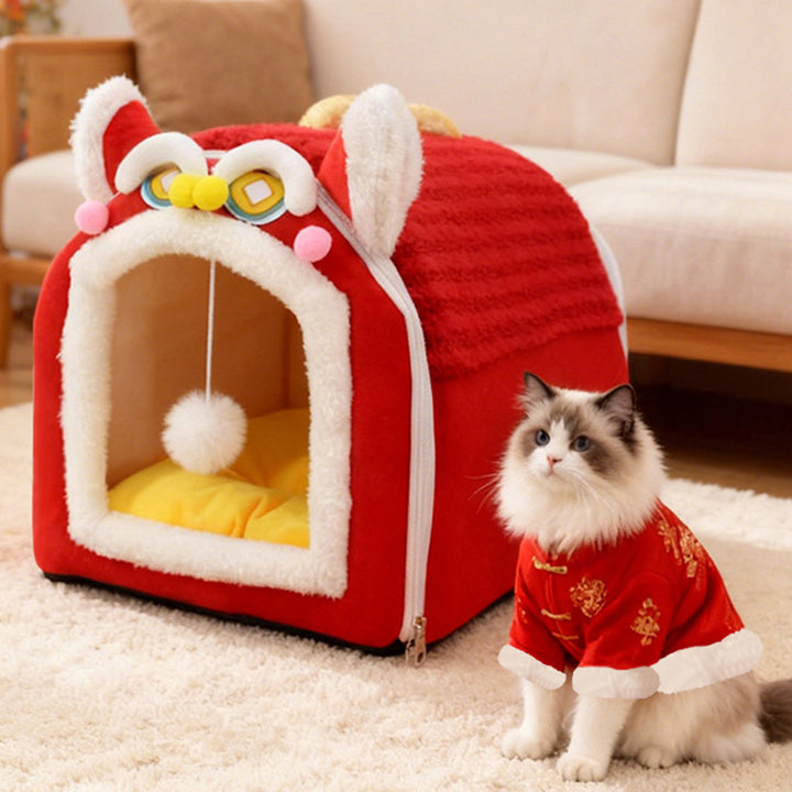Design contemporain créatif à oreilles de chat incurvées, tissu velours antidérapant à pois, balle jouet pour lit de chat à main pour chambre à coucher 