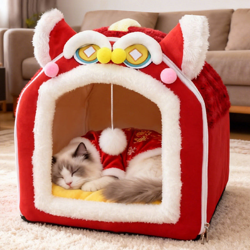 Design contemporain créatif à oreilles de chat incurvées, tissu velours antidérapant à pois, balle jouet pour lit de chat à main pour chambre à coucher 