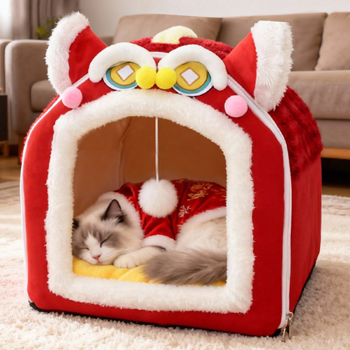 Design contemporain créatif à oreilles de chat incurvées, tissu velours antidérapant à pois, balle jouet pour lit de chat à main pour chambre à coucher 
