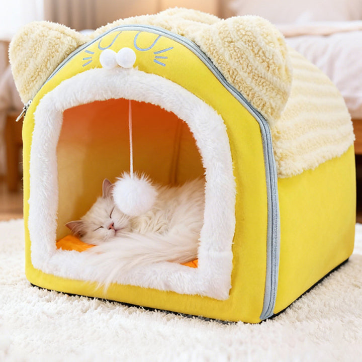 Design contemporain créatif à oreilles de chat incurvées, tissu velours antidérapant à pois, balle jouet pour lit de chat à main pour chambre à coucher 