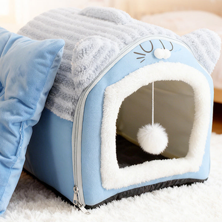 Design contemporain créatif à oreilles de chat incurvées, tissu velours antidérapant à pois, balle jouet pour lit de chat à main pour chambre à coucher 